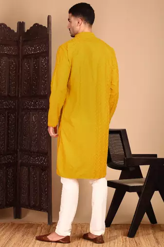 Mustard rayon chikanakri kurta pajama for mens
