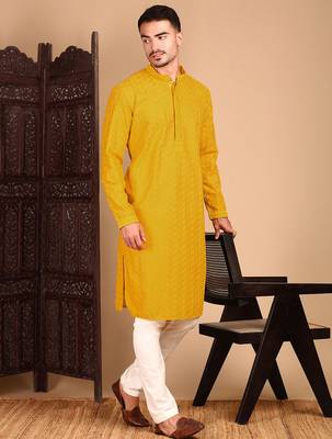 Mustard rayon chikanakri kurta pajama for mens 5