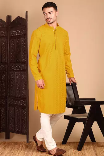 Mustard rayon chikanakri kurta pajama for mens