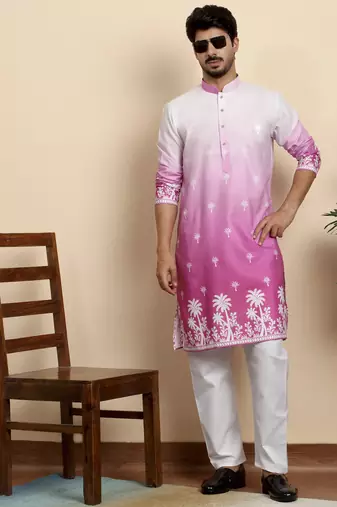 Cotton blend ombre printed pink kurta