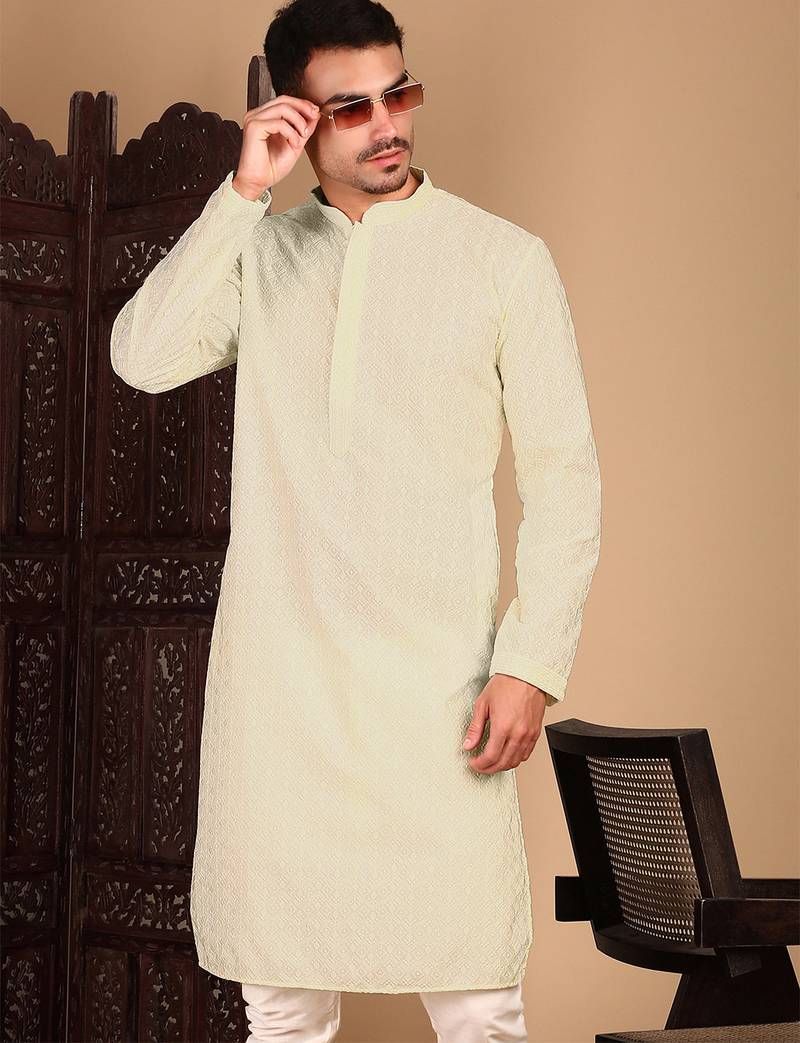 Off white rayon chikanakri kurta pajama for mens