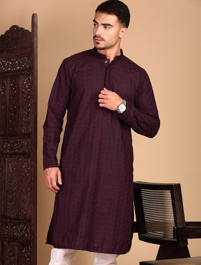 Wine rayon chikanakri kurta pajama for mens