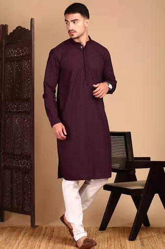 Wine rayon chikanakri kurta pajama for mens
