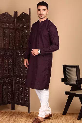 Wine rayon chikanakri kurta pajama for mens