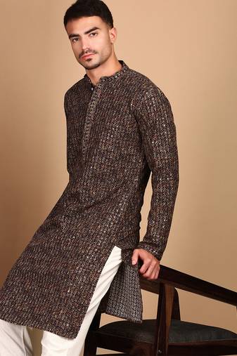 Brown cotton sequins kurta pajama for mens