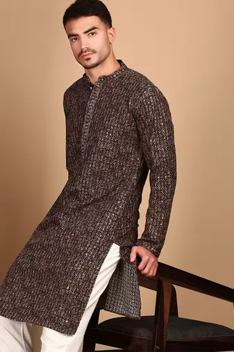 Brown cotton sequins kurta pajama for mens