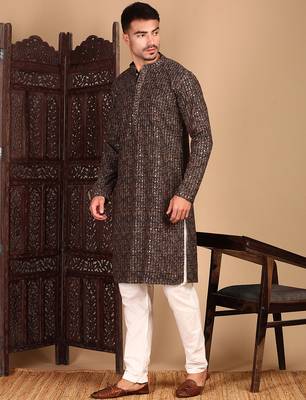 Brown cotton sequins kurta pajama for mens 2
