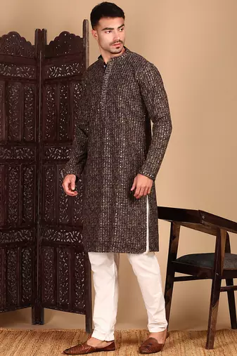 Brown cotton sequins kurta pajama for mens
