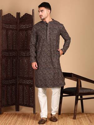 Brown cotton sequins kurta pajama for mens 3