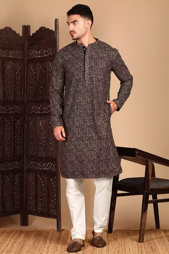 Brown cotton sequins kurta pajama for mens