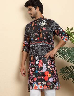 Floral print cotton blend ethnic wear black kurta 1