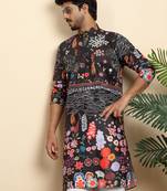 Floral print cotton blend ethnic wear black kurta