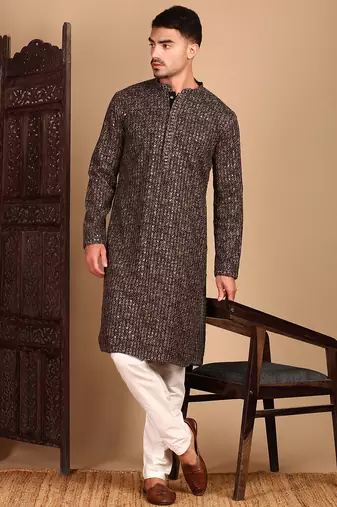 Brown cotton sequins kurta pajama for mens