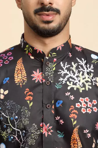Floral print cotton blend ethnic wear black kurta