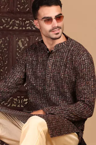 brown cotton sequins kurta pajama for mens