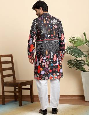 Floral print cotton blend ethnic wear black kurta 3