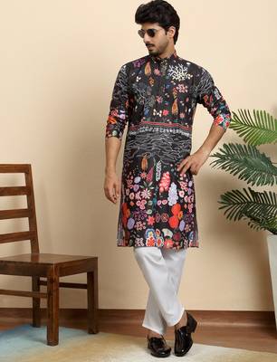 Floral print cotton blend ethnic wear black kurta 5