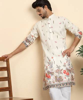 Floral print cotton blend ethnic wear cream kurta 1