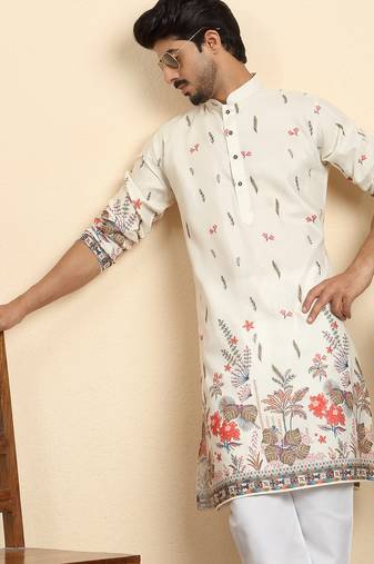 Floral print cotton blend ethnic wear cream kurta