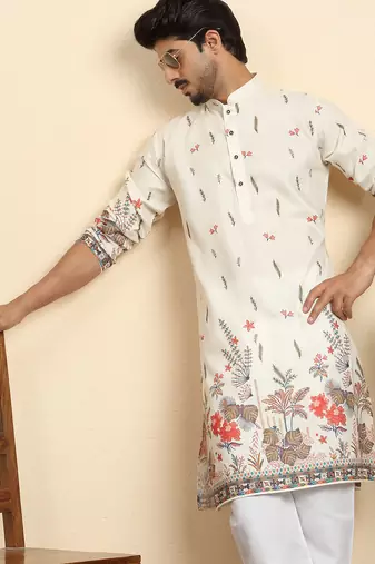 Floral print cotton blend ethnic wear cream kurta