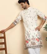 Floral print cotton blend ethnic wear cream kurta