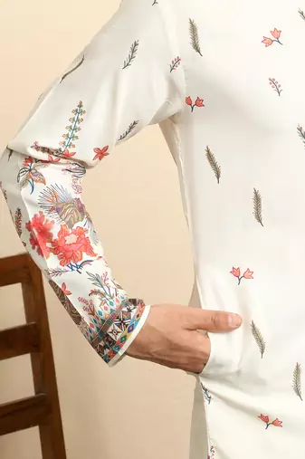 Floral print cotton blend ethnic wear cream kurta