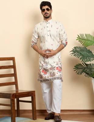 Floral print cotton blend ethnic wear cream kurta 5