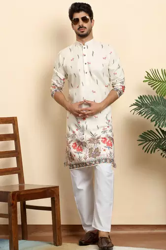 Floral print cotton blend ethnic wear cream kurta