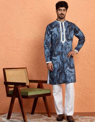 Cotton silk tie-dye printed blue kurta 1