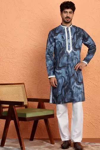 Cotton silk tie-dye printed blue kurta