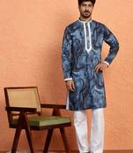 Cotton silk tie-dye printed blue kurta