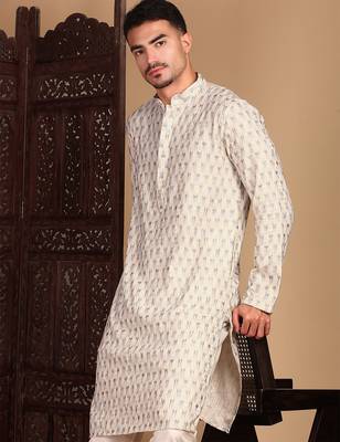 Cream cotton sequins kurta pajama for mens 1