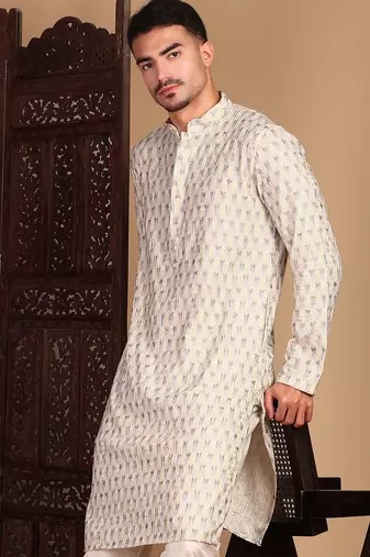 Cream cotton sequins kurta pajama for mens