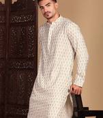 Cream cotton sequins kurta pajama for mens