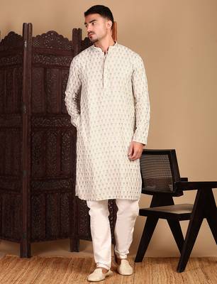 Cream cotton sequins kurta pajama for mens 2