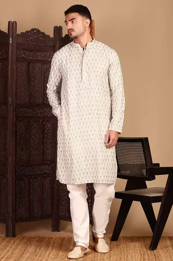 Cream cotton sequins kurta pajama for mens