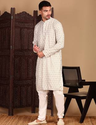 Cream cotton sequins kurta pajama for mens 3