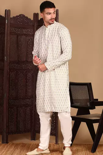 Cream cotton sequins kurta pajama for mens