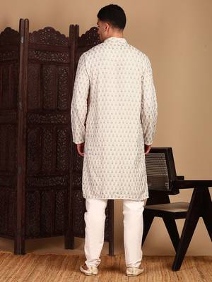 Cream cotton sequins kurta pajama for mens 4