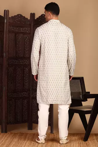 Cream cotton sequins kurta pajama for mens