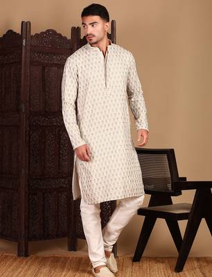 Cream cotton sequins kurta pajama for mens 5