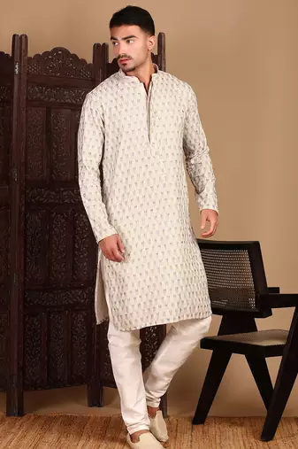 Cream cotton sequins kurta pajama for mens