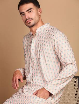 beige cotton sequins kurta pajama for mens 1