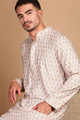 Light pink cotton sequins kurta pajama for mens