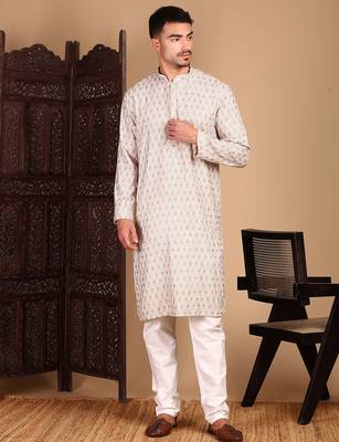 beige cotton sequins kurta pajama for mens 2