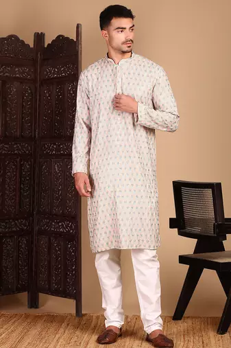 beige cotton sequins kurta pajama for mens