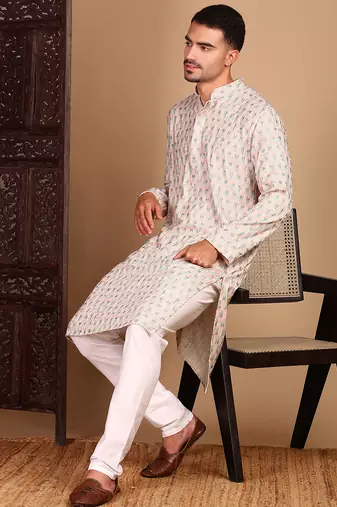 beige cotton sequins kurta pajama for mens
