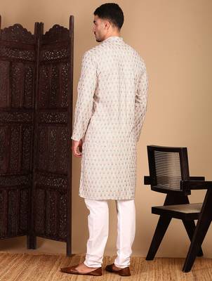 beige cotton sequins kurta pajama for mens 4