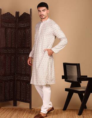 beige cotton sequins kurta pajama for mens 5