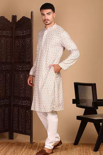 beige cotton sequins kurta pajama for mens